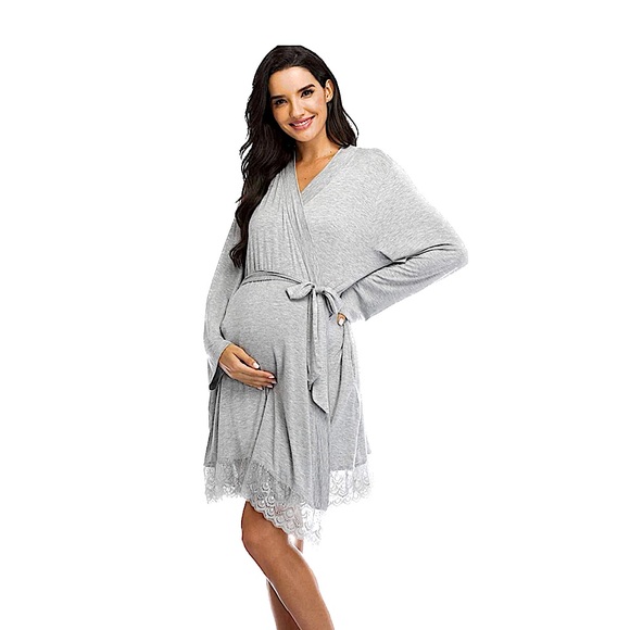 Bump Gray Short Jersey Knit, Belted Pregnancy Robe with Lace Trim, Size Medium - Picture 1 of 11